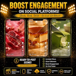 May include: A digital marketing graphic featuring three smartphone screens displaying video reels of food being sliced. The text reads BOOST ENGAGEMENT ON SOCIAL PLATFORMS! Shorts, Reels, TikTok - Go Viral, Get Noticed! READY-TO-POST SCENES. Includes icons for 2000+ scenes, vertical 9:16 format, and instant download.