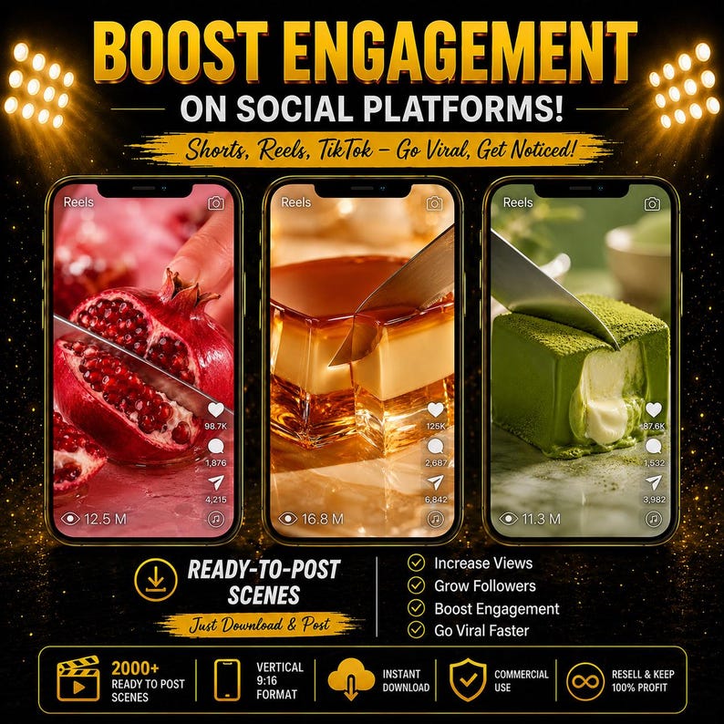 May include: A digital marketing graphic featuring three smartphone screens displaying video reels of food being sliced. The text reads BOOST ENGAGEMENT ON SOCIAL PLATFORMS! Shorts, Reels, TikTok - Go Viral, Get Noticed! READY-TO-POST SCENES. Includes icons for 2000+ scenes, vertical 9:16 format, and instant download.