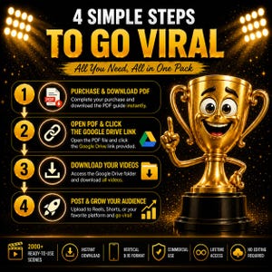 May include: A digital guide titled 4 SIMPLE STEPS TO GO VIRAL featuring a gold trophy character. The text outlines four steps: purchase and download PDF, open PDF and click the Google Drive link, download your videos, and post and grow your audience.