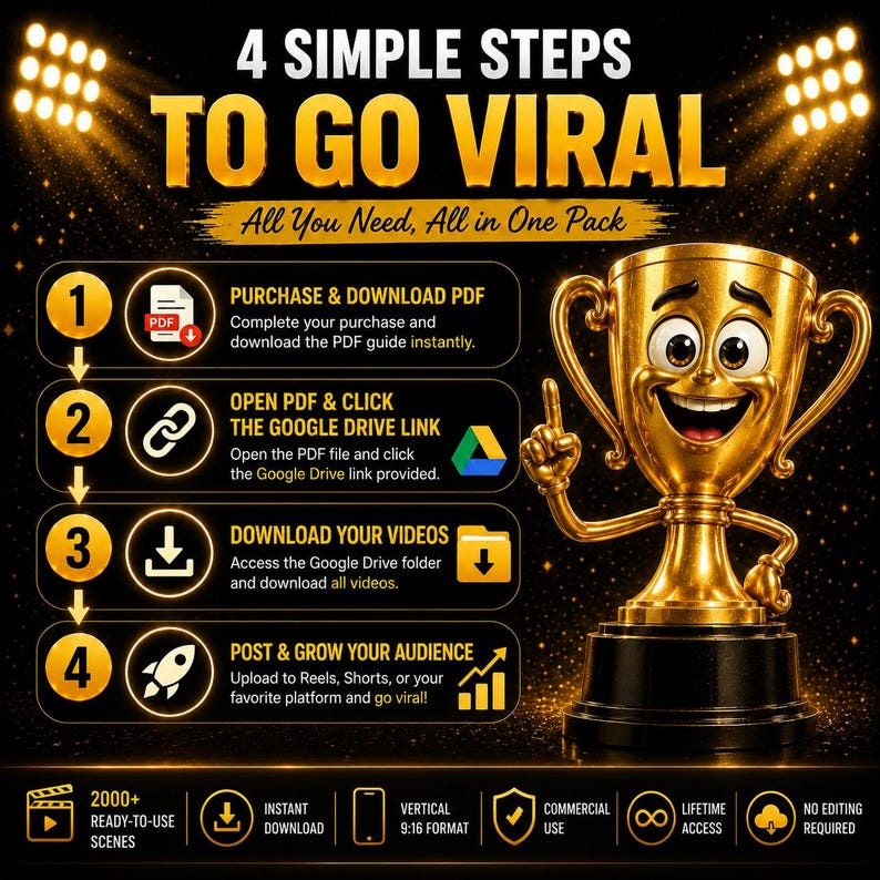 May include: A digital guide titled 4 SIMPLE STEPS TO GO VIRAL featuring a gold trophy character. The text outlines four steps: purchase and download PDF, open PDF and click the Google Drive link, download your videos, and post and grow your audience.