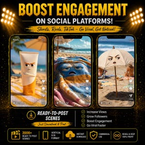 May include: A digital marketing graphic featuring three smartphone screens displaying animated beach scenes with text overlays. The top text reads BOOST ENGAGEMENT ON SOCIAL PLATFORMS! Shorts, Reels, TikTok - Go Viral, Get Noticed! Bottom text includes READY-TO-POST SCENES, 2000+, and icons.