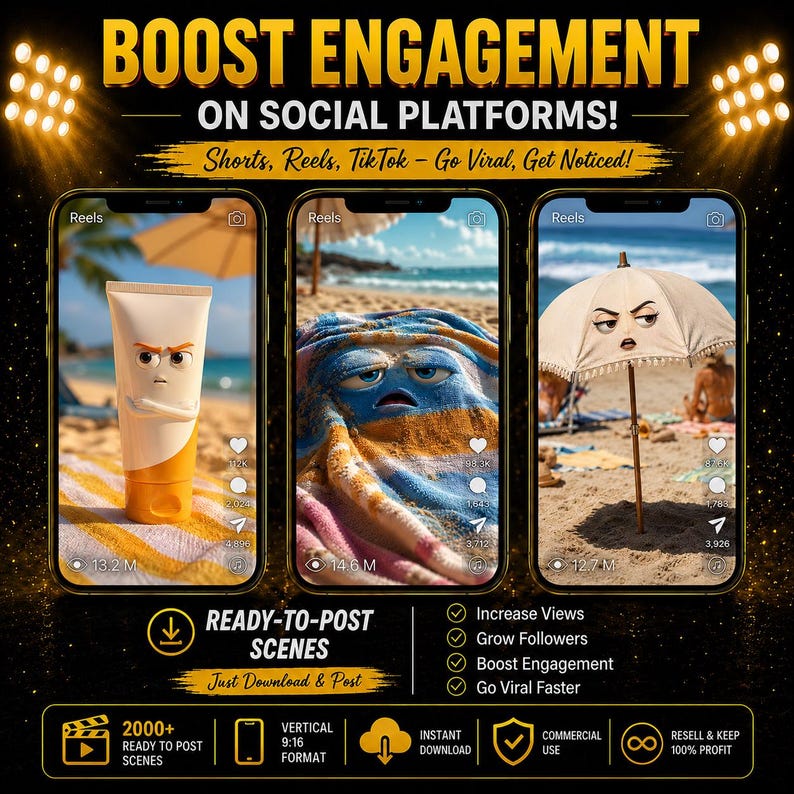 May include: A digital marketing graphic featuring three smartphone screens displaying animated beach scenes with text overlays. The top text reads BOOST ENGAGEMENT ON SOCIAL PLATFORMS! Shorts, Reels, TikTok - Go Viral, Get Noticed! Bottom text includes READY-TO-POST SCENES, 2000+, and icons.