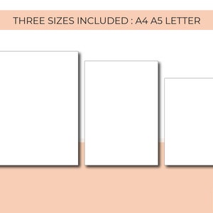 K&ouml;nnte beinhalten: Drei leere wei&szlig;e Papierb&ouml;gen in verschiedenen Gr&ouml;&szlig;en: A4, A5 und Letter. Die Bl&auml;tter werden auf einem pfirsichfarbenen Hintergrund mit dem Text "THREE SIZES INCLUDED: A4 A5 LETTER" oben angezeigt.