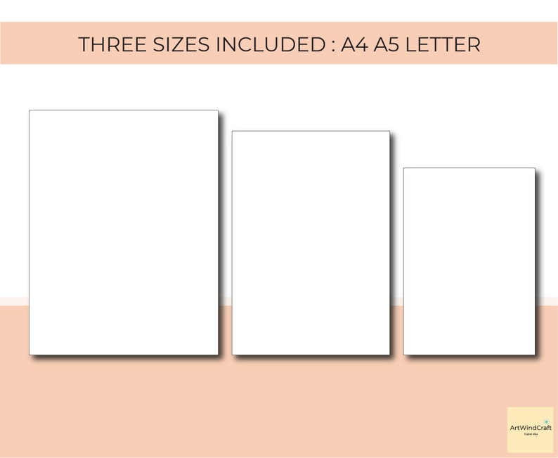 K&ouml;nnte beinhalten: Drei leere wei&szlig;e Papierb&ouml;gen in verschiedenen Gr&ouml;&szlig;en: A4, A5 und Letter. Die Bl&auml;tter werden auf einem pfirsichfarbenen Hintergrund mit dem Text "THREE SIZES INCLUDED: A4 A5 LETTER" oben angezeigt.