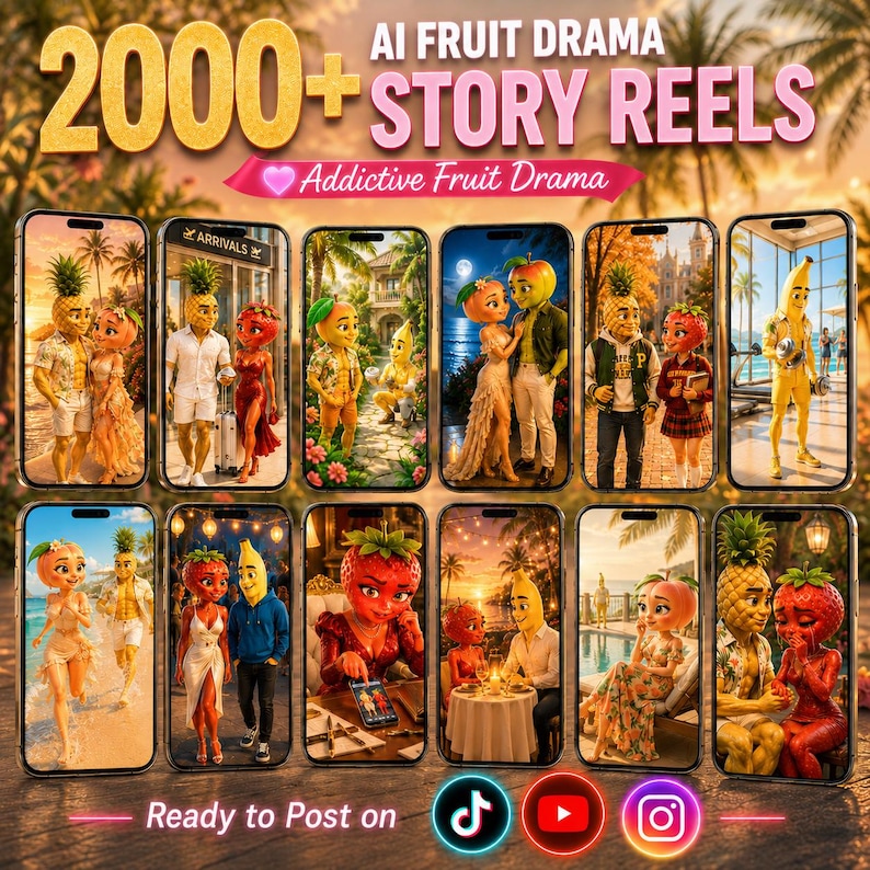 Puede incluir: Una colecci&oacute;n digital de 2000+ AI Fruit Drama Story Reels con personajes de frutas antropom&oacute;rficos en varios entornos. La imagen muestra doce pantallas de tel&eacute;fonos inteligentes con escenas de pi&ntilde;as, fresas, pl&aacute;tanos y melocotones.