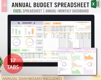 Jährliche Haushaltstabelle 2 mit DASHBBOARD, Budgetvorlage, digitaler Haushaltsplaner | Sofortdownload| MS Excel ver.
