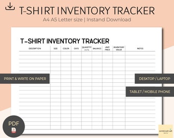 T-Shirt Lagerbestand Tracker Printable 2, Lagerbestand Vorlage, Lagerbestand Tabelle, Lagerbestand Form, Lagerbestand Liste, Produktinventar | PDF-Datei