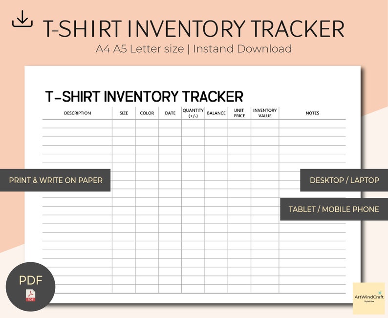 K&ouml;nnte beinhalten: Druckbarer T-Shirt-Inventar-Tracker mit Spalten f&uuml;r Beschreibung, Gr&ouml;&szlig;e, Farbe, Datum, Menge, Saldo, Einzelpreis, Inventarwert und Notizen. Der Tracker ist f&uuml;r die Verwendung auf einem Desktop, Laptop, Tablet oder Mobiltelefon konzipiert.