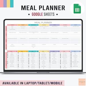 Könnte beinhalten: Ein digitaler Essensplaner, der auf einem Laptop-Bildschirm angezeigt wird. Der Planer ist eine Tabelle mit Abschnitten für Frühstück, Mittagessen, Abendessen und Snacks, mit Spalten für jeden Wochentag. Der Text "MEAL PLANNER GOOGLE SHEETS" steht oben.