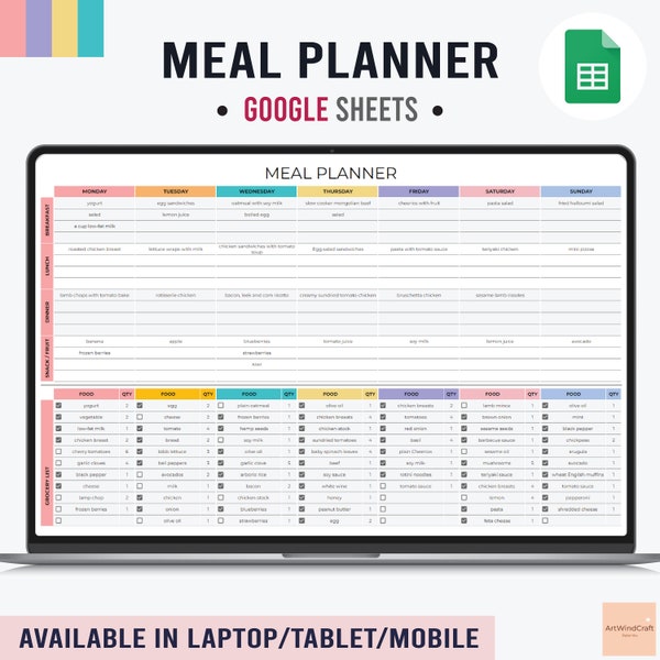 Digital Weekly Meal Planner and Grocery List Google Sheets, Meal Prep, Food Prep, Recipe Book, Shopping List | Instant Download II