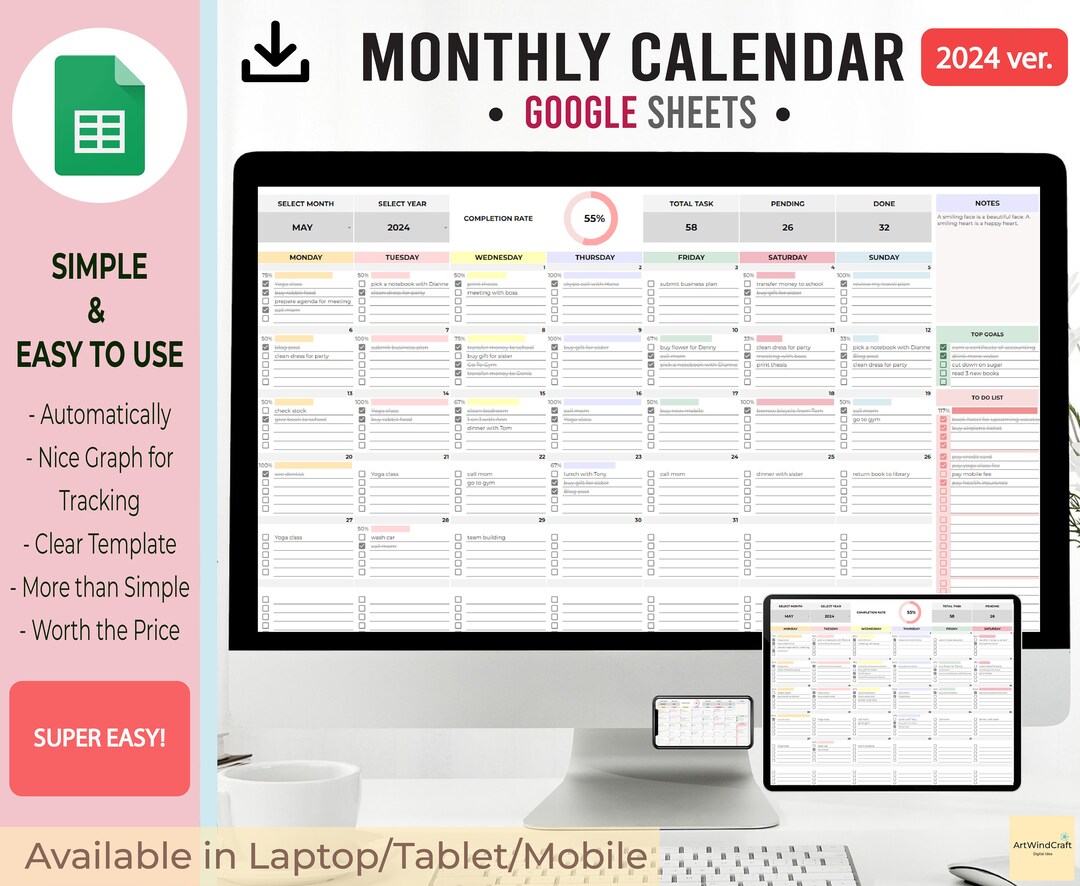 Digital Calendar Spreadsheet Monthly Calendar to Do List Digital Task