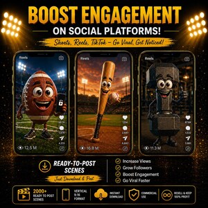May include: Three smartphone screens displaying animated characters: a football, a baseball bat, and a dumbbell. Text reads: BOOST ENGAGEMENT ON SOCIAL PLATFORMS! Shorts, Reels, TikTok - Go Viral, Get Noticed! READY-TO-POST SCENES. Increase Views, Grow Followers, Boost Engagement, Go Viral Faster.