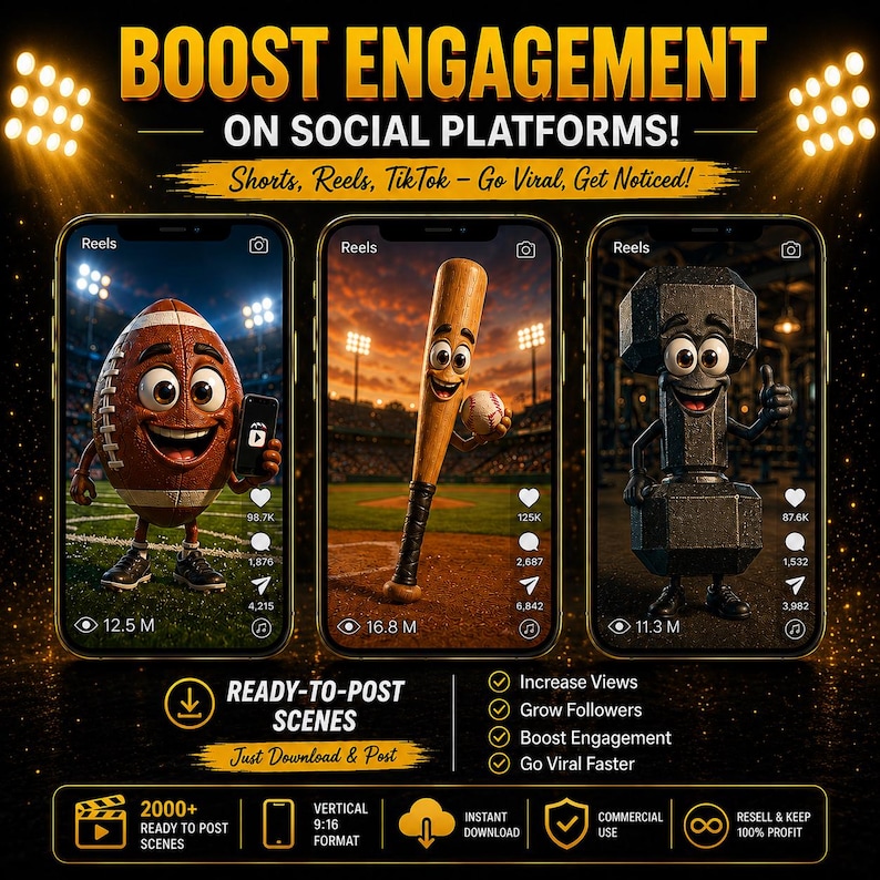 May include: Three smartphone screens displaying animated characters: a football, a baseball bat, and a dumbbell. Text reads: BOOST ENGAGEMENT ON SOCIAL PLATFORMS! Shorts, Reels, TikTok - Go Viral, Get Noticed! READY-TO-POST SCENES. Increase Views, Grow Followers, Boost Engagement, Go Viral Faster.