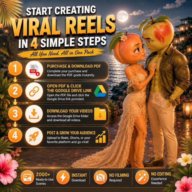 Paquete de dramas románticos con IA y frutas / Más de 2000 escenas virales para Reels / Contenido listo para publicar en TikTok Shorts / Objetos parlantes con IA imagen 5