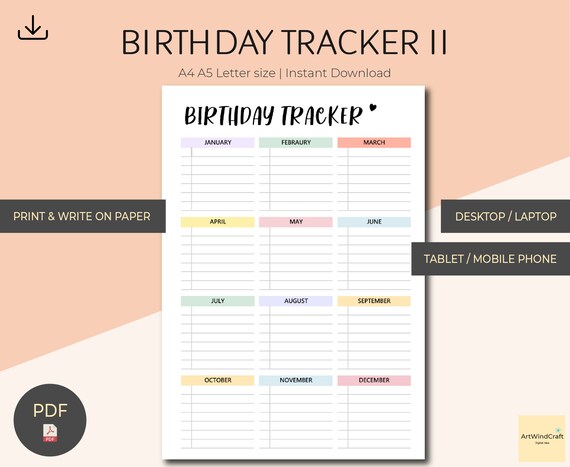 Printable Birthday Tracker Birthday Log Birthday List - Etsy