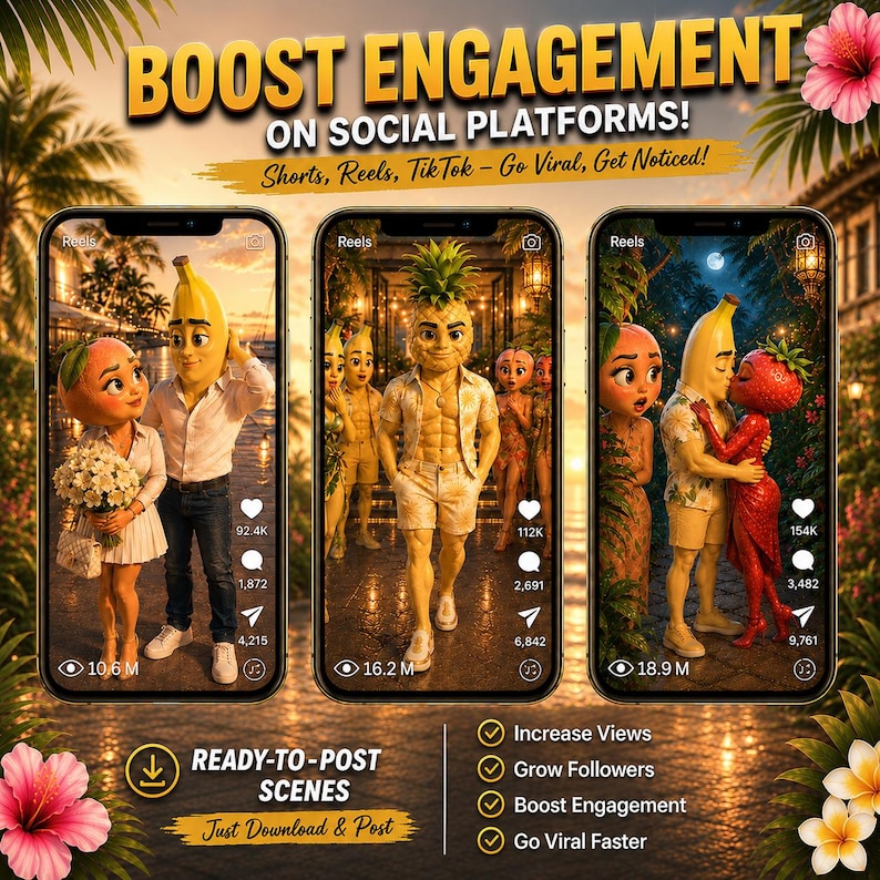 Puede incluir: Un gr&aacute;fico digital con tres pantallas de smartphone que muestran personajes animados con cabezas de fruta en entornos tropicales. El texto dice BOOST ENGAGEMENT ON SOCIAL PLATFORMS! Shorts, Reels, TikTok - Go Viral, Get Noticed! y READY-TO-POST SCENES.