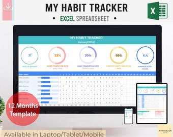 Habit Tracker, Ziel-Tracker, Habit Tracker-Arbeitsblatt, Excel-Arbeitsblatt-Planer, Habit-Planer, Ziele Tabelle | Sofort Download