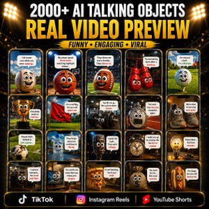 May include: A digital collection of 2000+ AI talking objects featuring animated characters like a baseball, basketball, football, boxing gloves, golf ball, trophy, red flag, dumbbell, stopwatch, sneakers, soccer ball, water bottle, microphone, alarm clock, lightbulb, camera, television, pizza slice, money bag, and hot dog with speech bubbles.