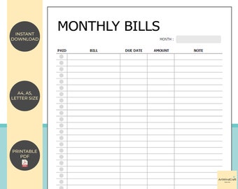 Bill Tracker Printable | Monthly Bill Tracker | Bill Planner | Monthly Bill Log | Instant Download | PDF