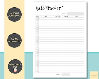 Bill Tracker Printable | Monthly Bill Tracker | Bill Planner | Monthly Bill Log | Instant Download | PDF