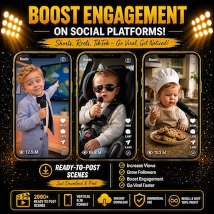 May include: A digital marketing graphic featuring three smartphone screens displaying children in various scenes with microphones. Text includes BOOST ENGAGEMENT ON SOCIAL PLATFORMS, Shorts, Reels, TikTok - Go Viral, Get Noticed, READY-TO-POST SCENES, and 2000+ READY TO POST SCENES.