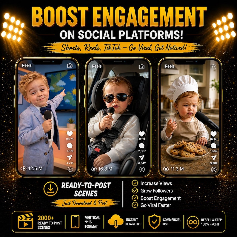 May include: A digital marketing graphic featuring three smartphone screens displaying children in various scenes with microphones. Text includes BOOST ENGAGEMENT ON SOCIAL PLATFORMS, Shorts, Reels, TikTok - Go Viral, Get Noticed, READY-TO-POST SCENES, and 2000+ READY TO POST SCENES.