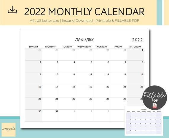 2022 monthly calendar calendar printable fillable calendar etsy