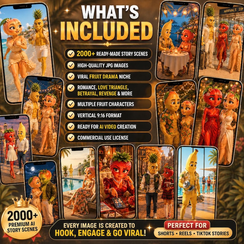 Puede incluir: Un gr&aacute;fico de marketing digital titulado WHAT'S INCLUDED que presenta m&aacute;s de 2000 escenas de historias listas para usar con personajes con cabeza de fruta. El dise&ntilde;o muestra m&uacute;ltiples pantallas de tel&eacute;fonos inteligentes con escenas rom&aacute;nticas y dram&aacute;ticas.