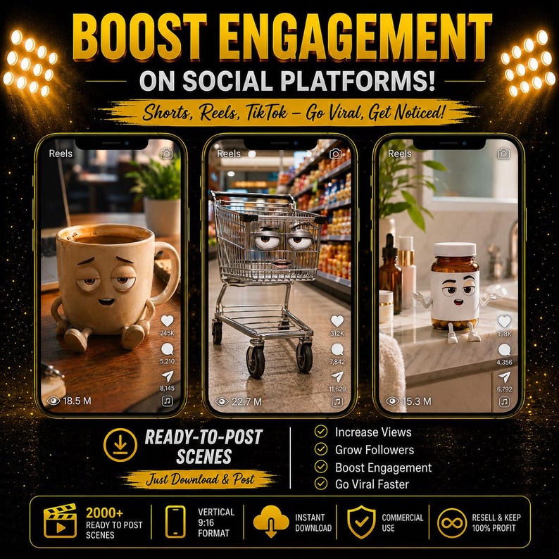 May include: A digital graphic featuring three smartphone screens displaying animated characters: a coffee mug, a shopping cart, and a medicine bottle. The text reads BOOST ENGAGEMENT ON SOCIAL PLATFORMS! Shorts, Reels, TikTok - Go Viral, Get Noticed!