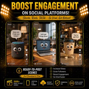 May include: A digital graphic featuring three smartphone screens displaying animated characters: a smart speaker saying How can I help you today?, a laptop saying Let's get things done!, and a coffee cup saying You've got this!. Text includes BOOST ENGAGEMENT ON SOCIAL PLATFORMS! and READY-TO-POST SCENES.