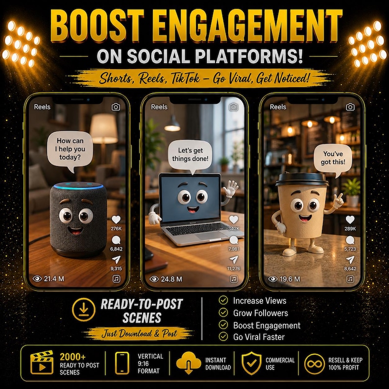 May include: A digital graphic featuring three smartphone screens displaying animated characters: a smart speaker saying How can I help you today?, a laptop saying Let's get things done!, and a coffee cup saying You've got this!. Text includes BOOST ENGAGEMENT ON SOCIAL PLATFORMS! and READY-TO-POST SCENES.