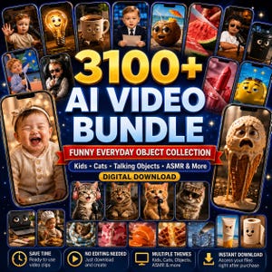 3100+ AI-Generated Video Clips, Kid-Themed Scenes, Cats, Talking Objects and ASMR, MP4 Digital Download