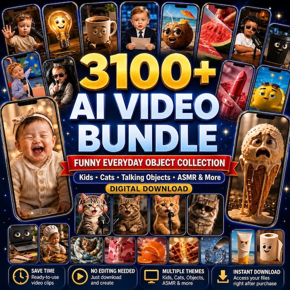3100+ AI-Generated Video Clips, Kid-Themed Scenes, Cats, Talking Objects and ASMR, MP4 Digital Download