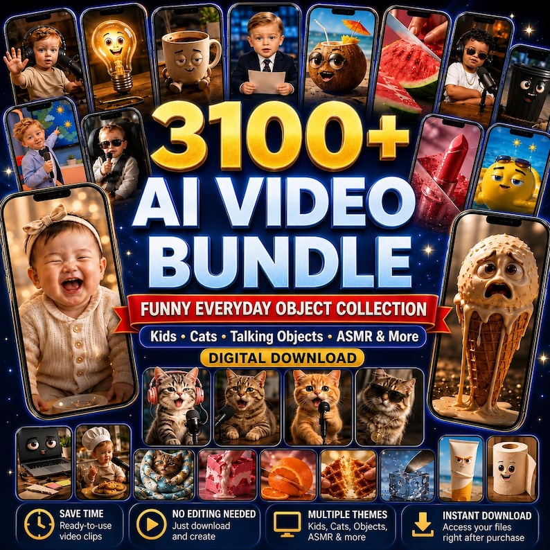 3100+ AI-Generated Video Clips, Kid-Themed Scenes, Cats, Talking Objects and ASMR, MP4 Digital Download image 1