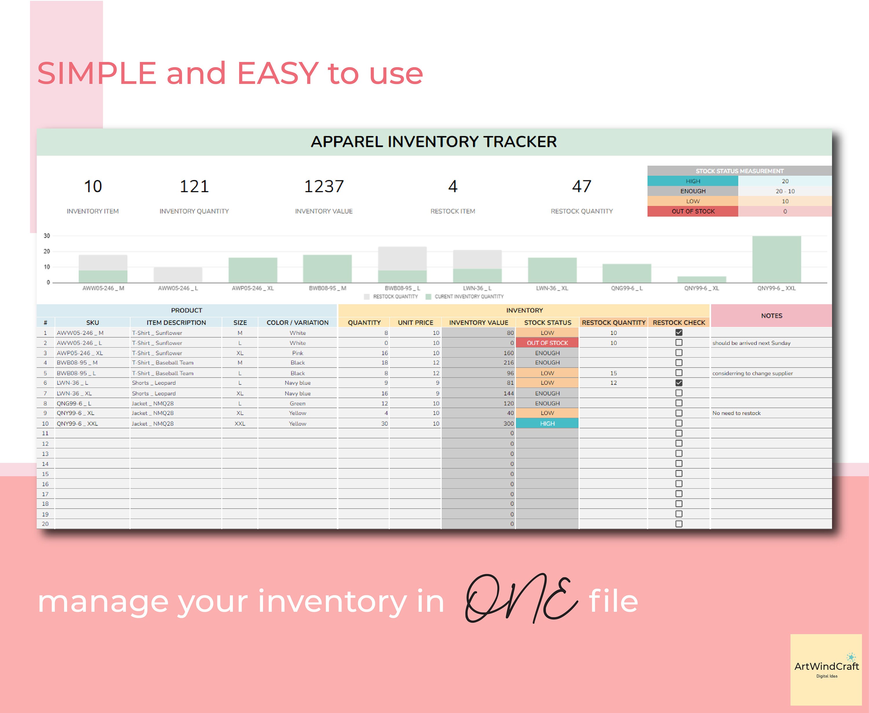 Apparel Inventory Tracker Simple Inventory Spreadsheet T Etsy