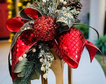 Christmas Lantern Swag with Red Glitter Bow, Christmas Lantern Topper, Holiday Lantern Topper, Festive Floral Arrangement with Pine
