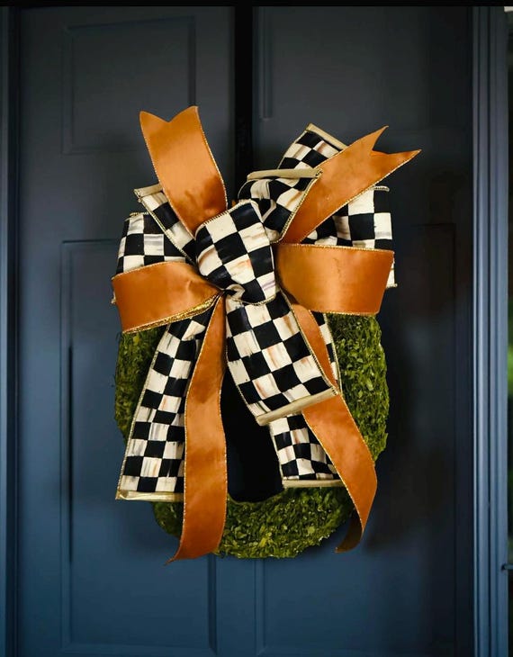 Black and White Check Bow, Harlequin Fall Bow, Orange Velvet Fall Bow, Front Door Decor, Handmake Designer Bow.