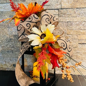 Handmade Fall Lantern Swag: Burlap Bow, Sunflowers & Autumn Leaves, Fall Lantern Swag, Fall Lantern Topper, Fall Decor.