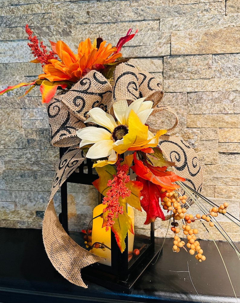 Handmade Fall Lantern Swag: Burlap Bow, Sunflowers & Autumn Leaves, Fall Lantern Swag, Fall Lantern Topper, Fall Decor.