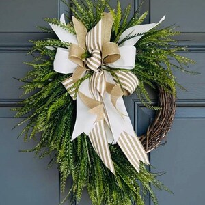 Spring Bead Grass Wreath: White & Tan Bow, 14&quot; Grapevine Base