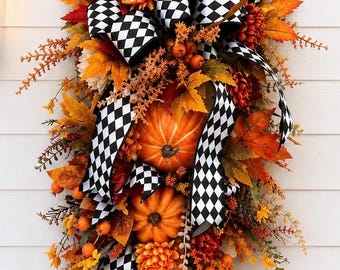 Fall Door Swag, Pumpkin Door Hanger, Black White Check Ribbon, Fall Wreath, Autumn Front Door Decor, Thanksgiving Wreath, Farmhouse Decor
