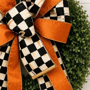 Black and White Check Bow, Harlequin Fall Bow, Orange Velvet Bow, Fall Front Door Decor, Handmade Designer Bow, Autumn Bow, Fall Wreath Bow image 8