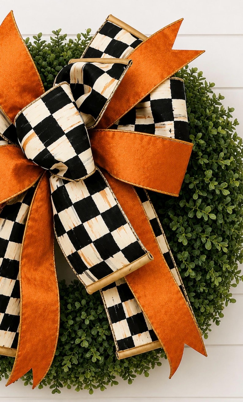 Black and White Check Bow, Harlequin Fall Bow, Orange Velvet Bow, Fall Front Door Decor, Handmade Designer Bow, Autumn Bow, Fall Wreath Bow image 8