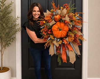 Large Fall Pumpkin Wreath for Front Door, Orange Autumn Wreath, Rustic Harvest Decor, Thanksgiving Door Hanger, Farmhouse Porch Decor