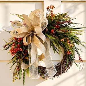 Fall Bead Grass Wreath with Burlap Bow, Rustic Farmhouse Front Door Wreath, Autumn Grapevine Wreath, Neutral Fall Decor.