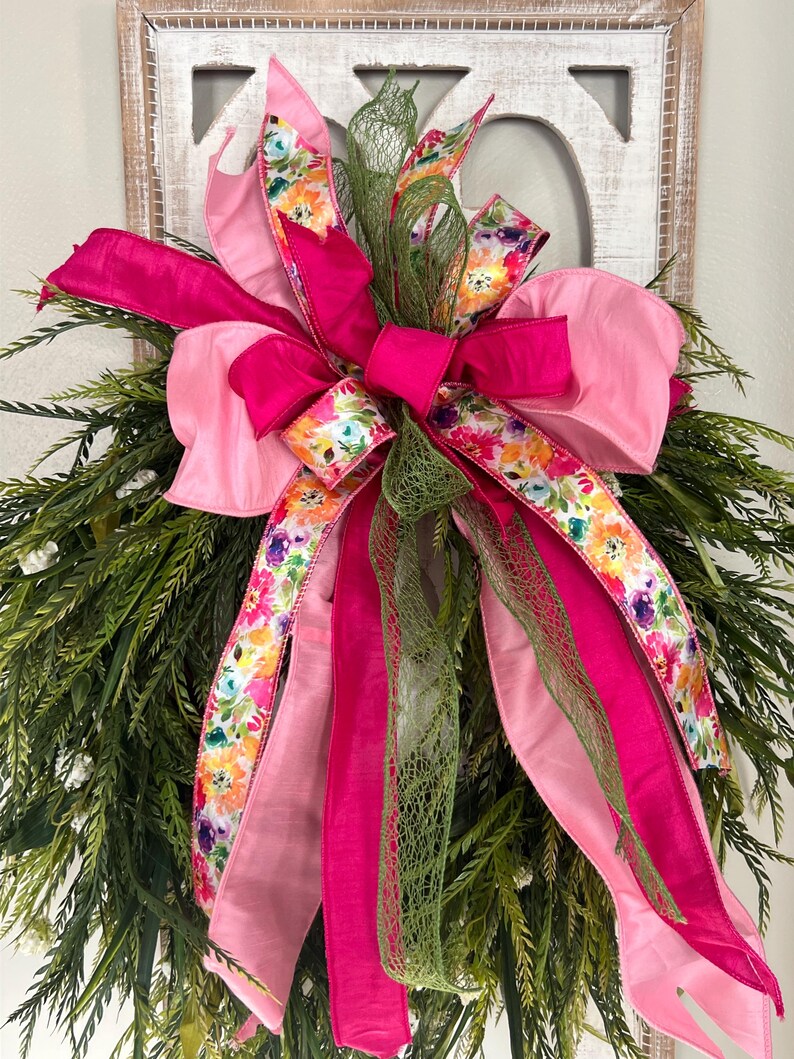 Floral Spring Wreath Bow: Pink & Green Wired Ribbon - Etsy
