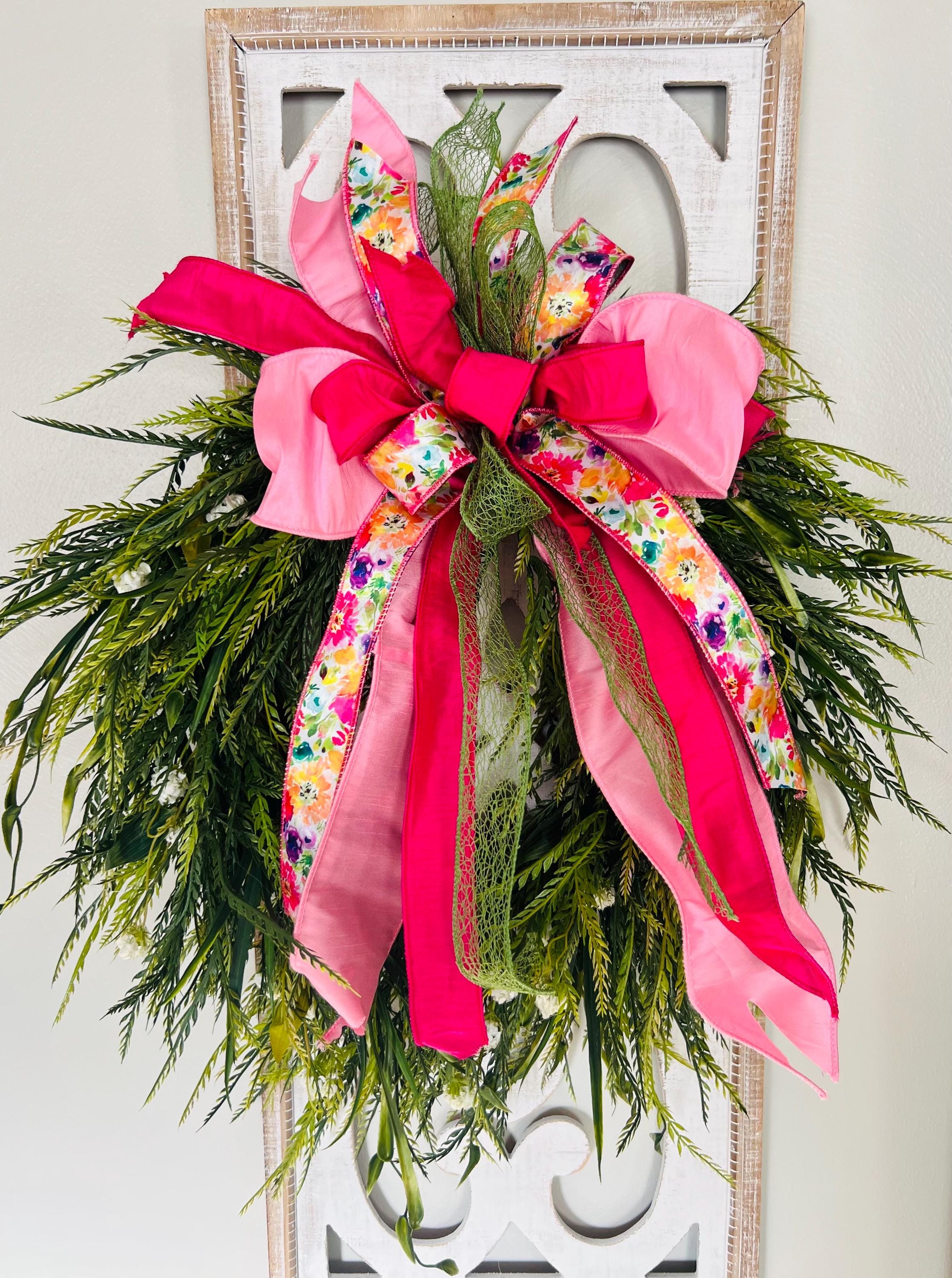 Floral Spring Wreath Bow: Pink & Green Wired Ribbon - Etsy