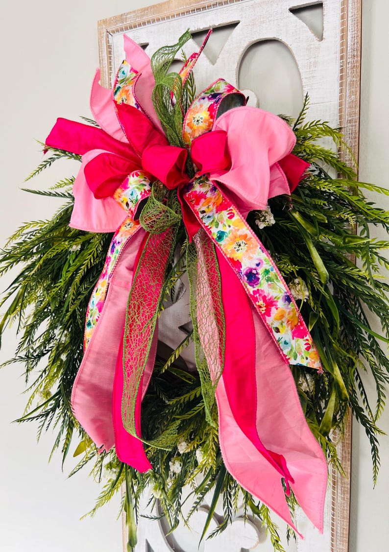 Floral Spring Wreath Bow: Pink & Green Wired Ribbon - Etsy