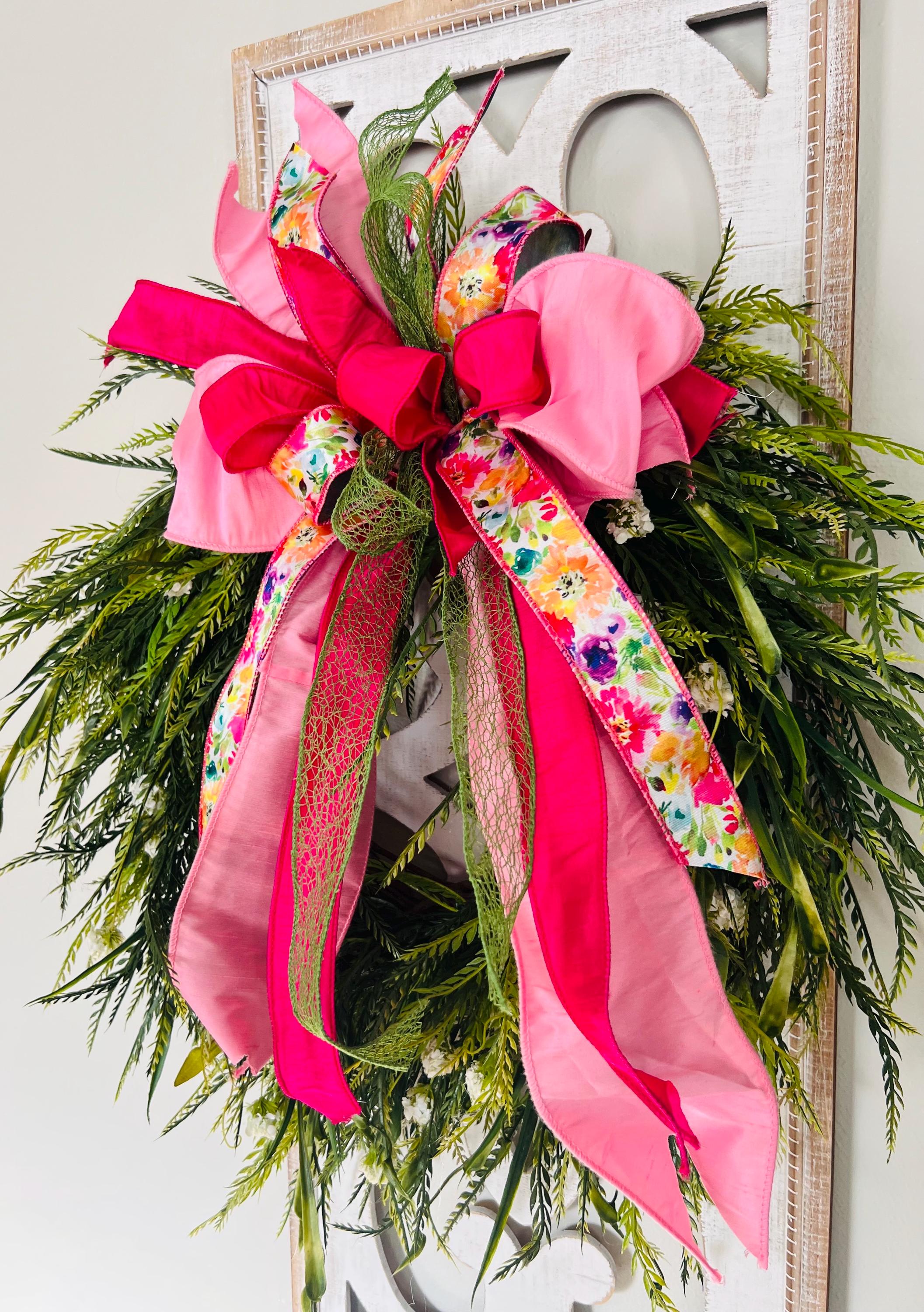 Floral Spring Wreath Bow: Pink & Green Wired Ribbon - Etsy