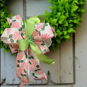 Spring Bow, Pink Hydrangea Spring Bow, Summer Bow, Hydrangea Pink, White and Green Bow, Spring Bow for Lantern, Spring Wreath Bow.